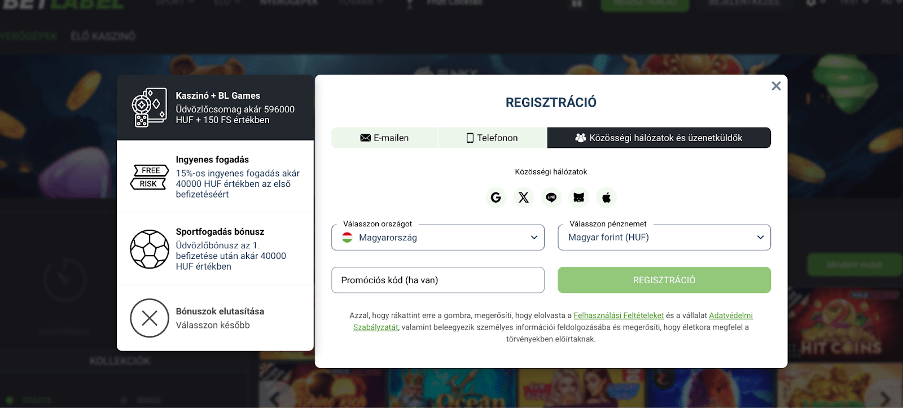 regisztráció a Betlabel kaszinóba a közösségi hálózatokon keresztül