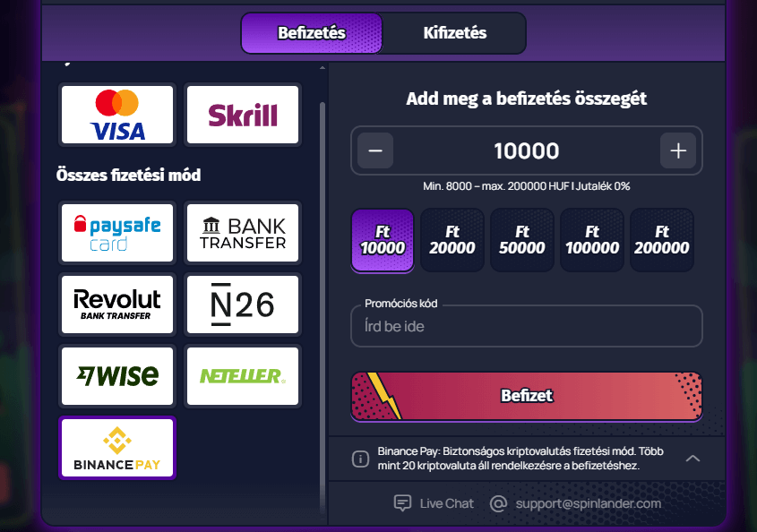 spinlander kaszinó befizétes